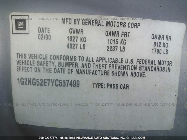 1G2NG52E7YC537499 - 2000 PONTIAC GRAND AM SE2 SILVER photo 9