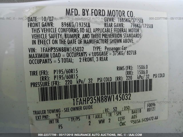 1FAHP35N88W145032 - 2008 FORD FOCUS SE/SEL/SES WHITE photo 9