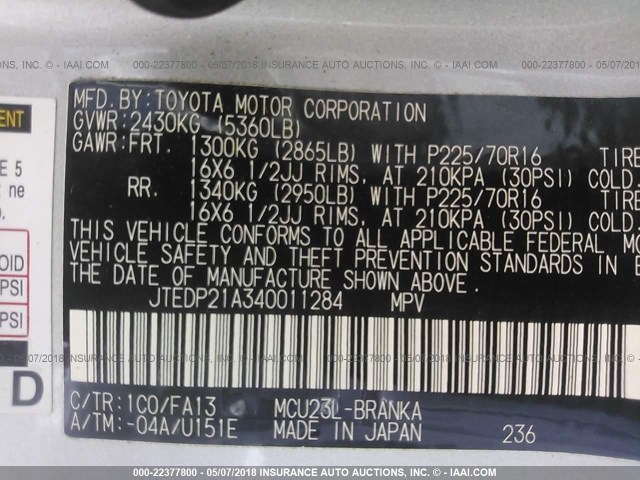 JTEDP21A340011284 - 2004 TOYOTA HIGHLANDER LIMITED SILVER photo 9