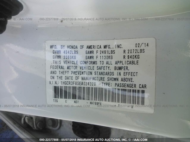 1HGCR3F85EA024329 - 2014 HONDA ACCORD EXL WHITE photo 9