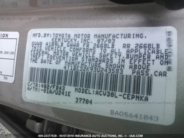 4T1BE32K93U243583 - 2003 TOYOTA CAMRY LE/XLE/SE GOLD photo 9