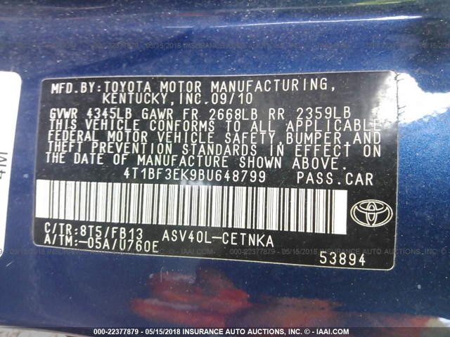 4T1BF3EK9BU648799 - 2011 TOYOTA CAMRY SE/LE/XLE BLUE photo 9
