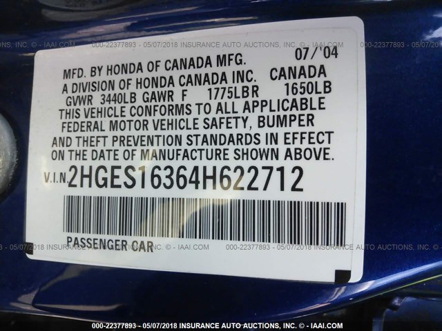 2HGES16364H622712 - 2004 HONDA CIVIC DX VP BLUE photo 9