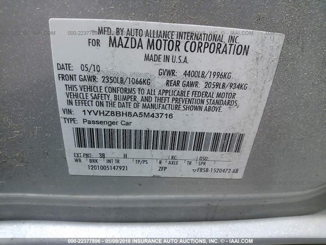 1YVHZ8BH8A5M43716 - 2010 MAZDA 6 I SILVER photo 9