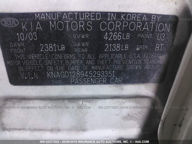 KNAGD128945293351 - 2004 KIA OPTIMA LX/EX CREAM photo 9