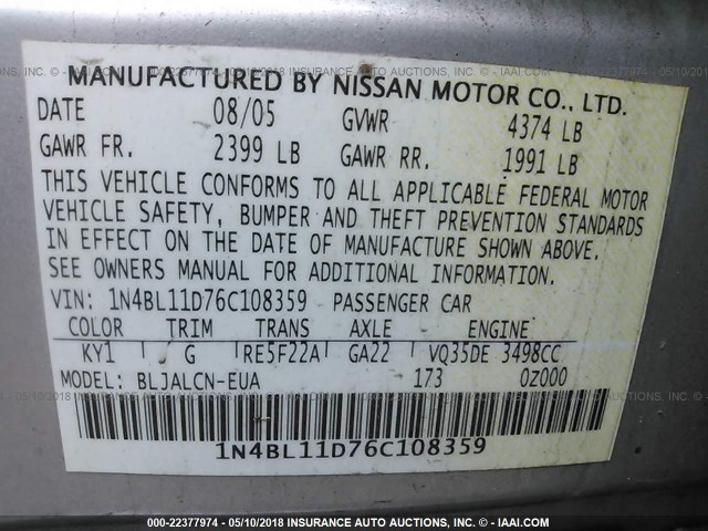 1N4BL11D76C108359 - 2006 NISSAN ALTIMA SE/SL/SE-R SILVER photo 9