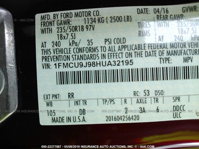 1FMCU9J98HUA32195 - 2017 FORD ESCAPE TITANIUM RED photo 9