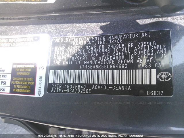 4T1BE46K59U864683 - 2009 TOYOTA CAMRY SE/LE/XLE SILVER photo 9