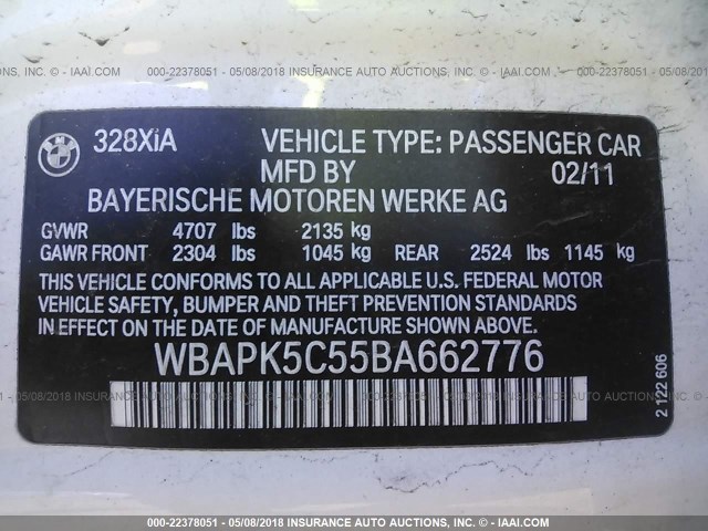 WBAPK5C55BA662776 - 2011 BMW 328 XI SULEV WHITE photo 9