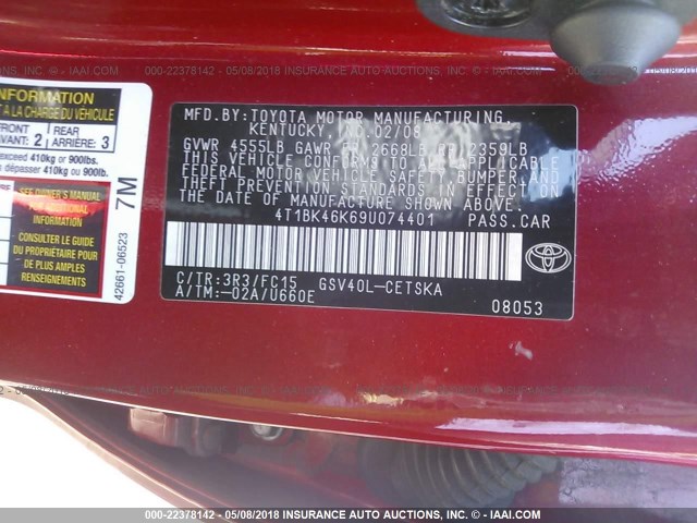 4T1BK46K69U074401 - 2009 TOYOTA CAMRY SE/LE/XLE 红色 照片 9