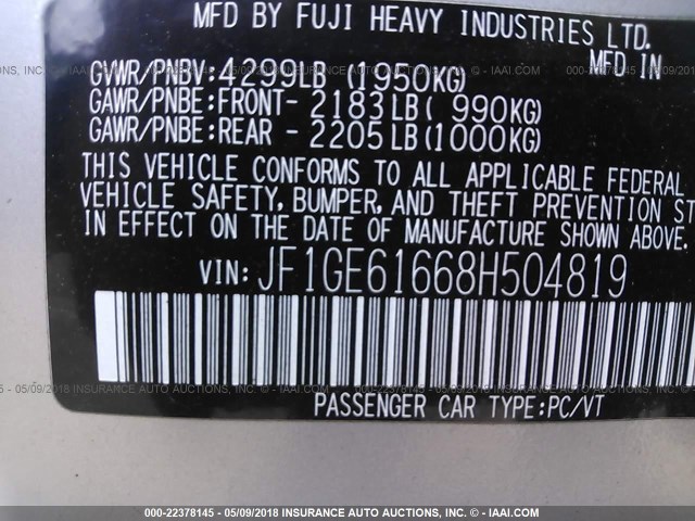 JF1GE61668H504819 - 2008 SUBARU IMPREZA 2.5I SILVER photo 9