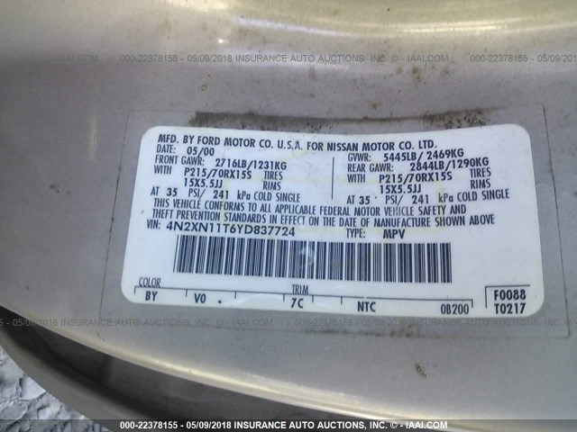 4N2XN11T6YD837724 - 2000 NISSAN QUEST SE/GLE/GXE TAN photo 9