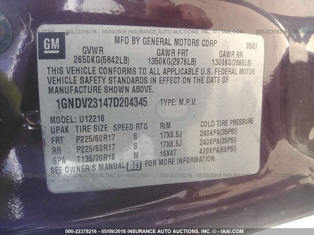 1GNDV23147D204345 - 2007 CHEVROLET UPLANDER LS BURGUNDY photo 9