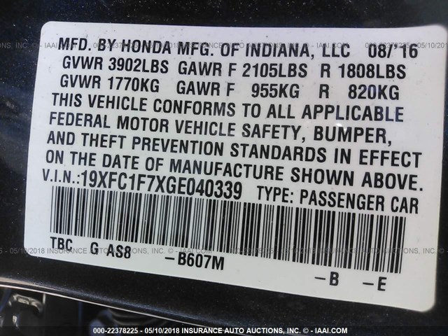 19XFC1F7XGE040339 - 2016 HONDA CIVIC EXL BLACK photo 9