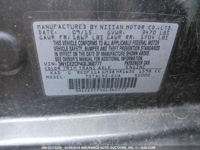 3N1CE2CP4GL360777 - 2016 NISSAN VERSA NOTE S/S PLUS/SV/SL/SR GRAY photo 9