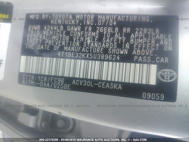 4T1BE32KX5U389624 - 2005 TOYOTA CAMRY LE/XLE/SE 银色 照片 9