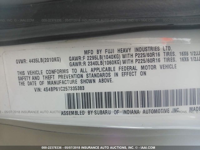 4S4BP61C257335383 - 2005 SUBARU LEGACY OUTBACK 2.5I WHITE photo 9