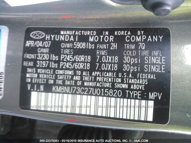 KM8NU73C27U015820 - 2007 HYUNDAI VERACRUZ GLS/SE/LIMITED GREEN photo 9