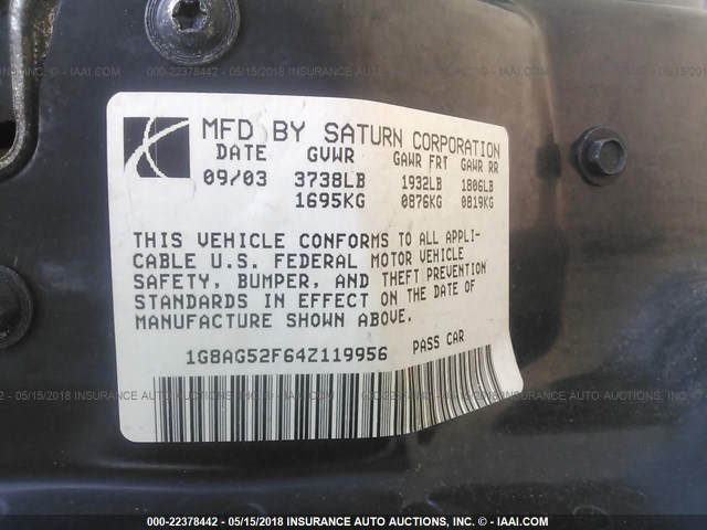 1G8AG52F64Z119956 - 2004 SATURN ION LEVEL 1 BLACK photo 9