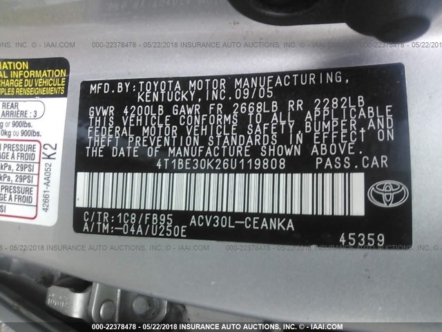 4T1BE30K26U119808 - 2006 TOYOTA CAMRY LE/XLE/SE ვერცხლისფერი ფოტო 9