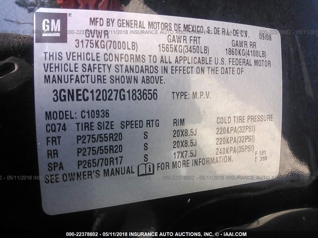 3GNEC12027G183656 - 2007 CHEVROLET AVALANCHE C1500 BLACK photo 9