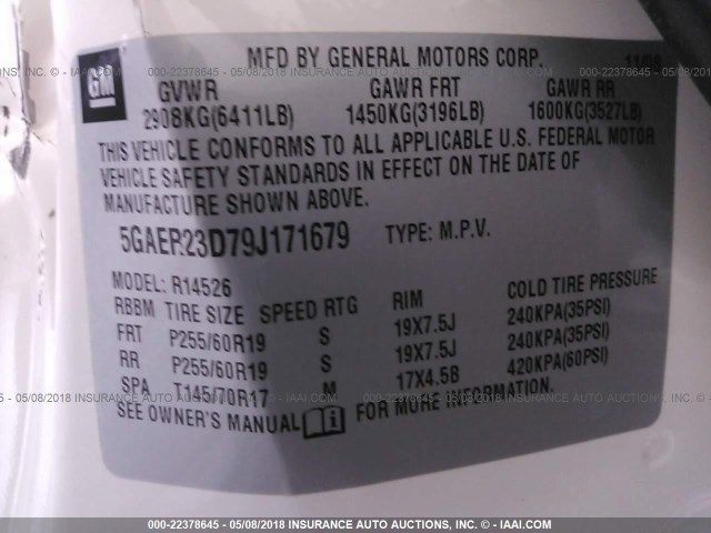 5GAER23D79J171679 - 2009 BUICK ENCLAVE CXL 白色 照片 9