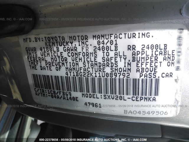 4T1BG22K11U089792 - 2001 TOYOTA CAMRY CE/LE/XLE 银色 照片 9