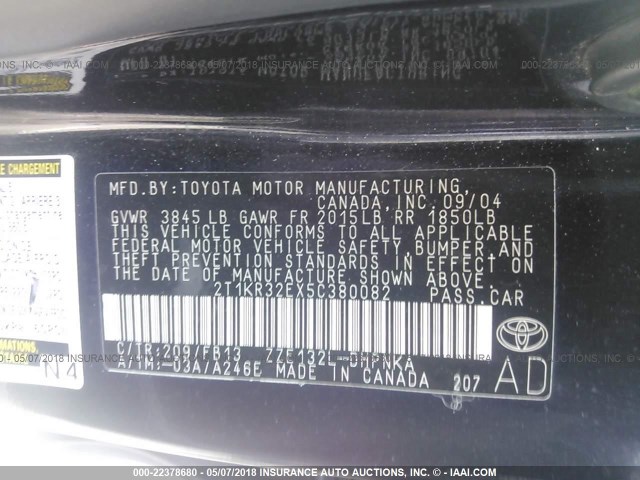 2T1KR32EX5C380082 - 2005 TOYOTA COROLLA MATRIX XR BLACK photo 9