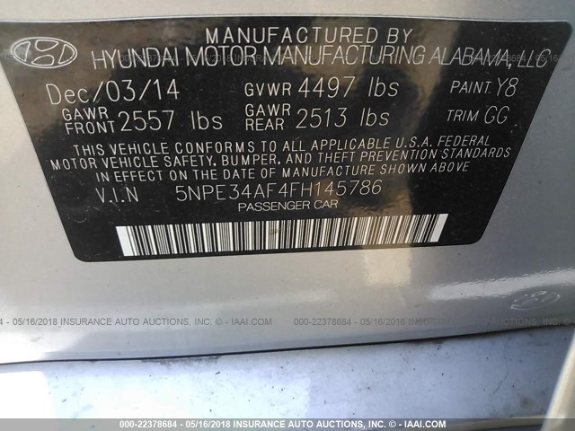 5NPE34AF4FH145786 - 2015 HYUNDAI SONATA SPORT/LIMITED SILVER photo 9