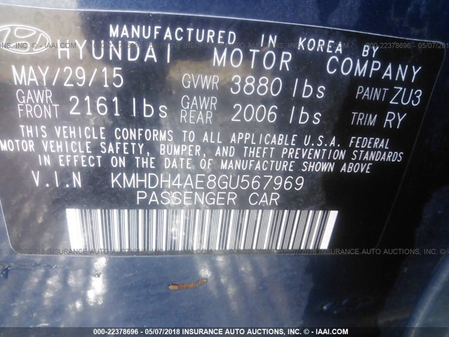 KMHDH4AE8GU567969 - 2016 HYUNDAI ELANTRA SE/SPORT/LIMITED BLUE photo 9