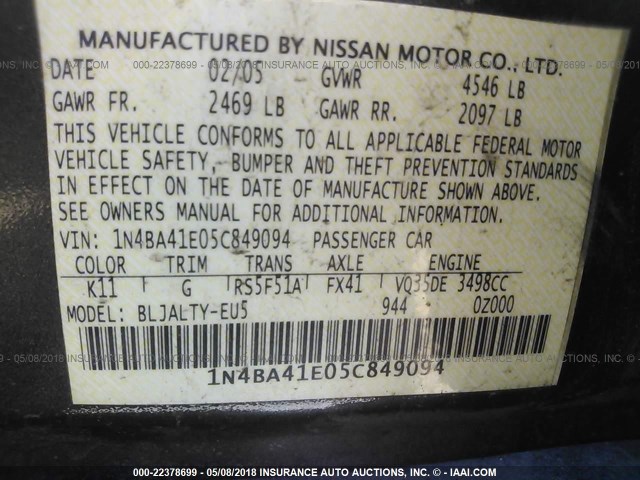 1N4BA41E05C849094 - 2005 NISSAN MAXIMA SE/SL GRAY photo 9