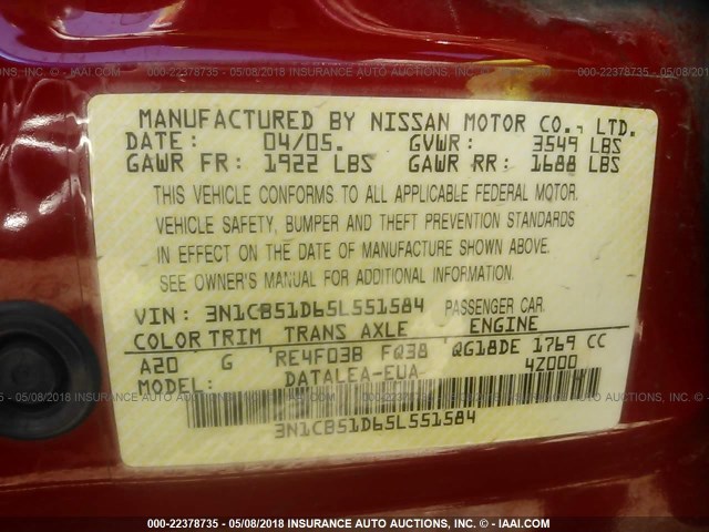 3N1CB51D65L551584 - 2005 NISSAN SENTRA 1.8/1.8S RED photo 9