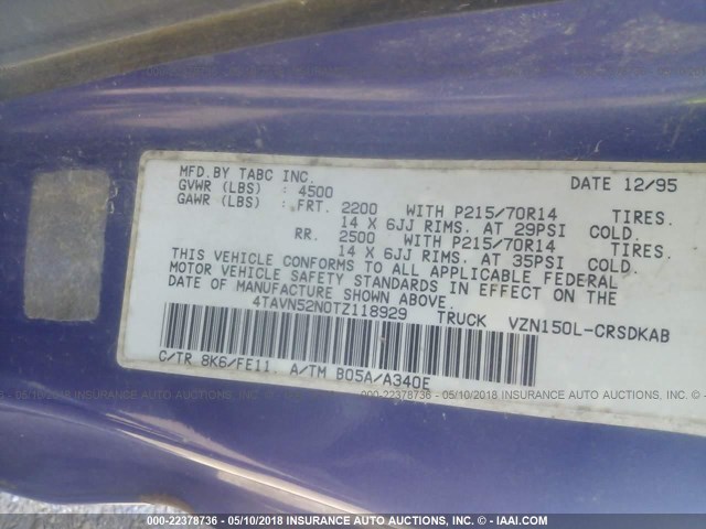 4TAVN52N0TZ118929 - 1996 TOYOTA TACOMA XTRACAB PURPLE photo 9