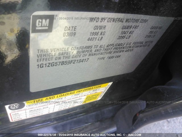 1G1ZG57B59F219417 - 2009 CHEVROLET MALIBU LS 黑色 照片 9