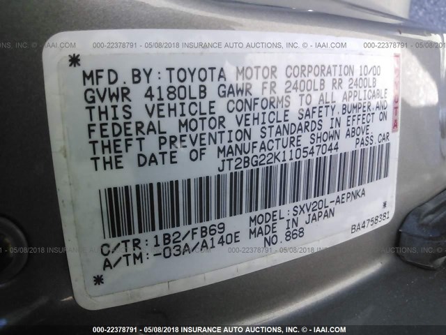 JT2BG22K110547044 - 2001 TOYOTA CAMRY CE/LE/XLE 灰色 照片 9