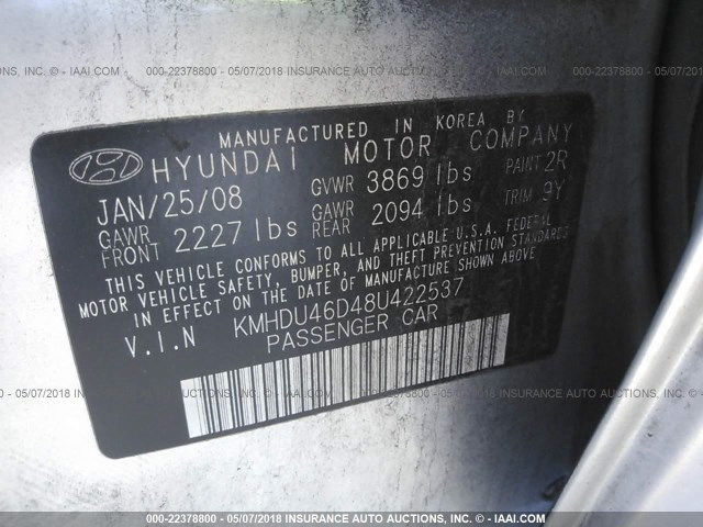 KMHDU46D48U422537 - 2008 HYUNDAI ELANTRA GLS/SE/LIMITED SILVER photo 9