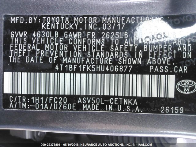 4T1BF1FK5HU406877 - 2017 TOYOTA CAMRY LE/XLE/SE/XSE GRAY photo 9