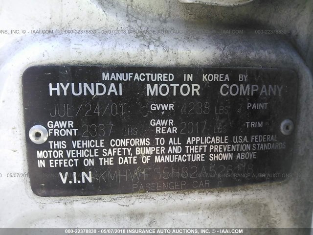 KMHWF35H82A526118 - 2002 HYUNDAI SONATA GLS/LX WHITE photo 9