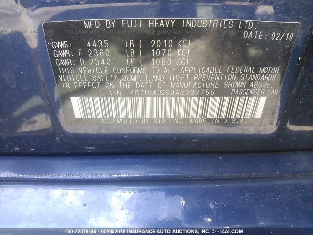 4S3BMCG69A3237756 - 2010 SUBARU LEGACY 2.5I PREMIUM BLUE photo 9