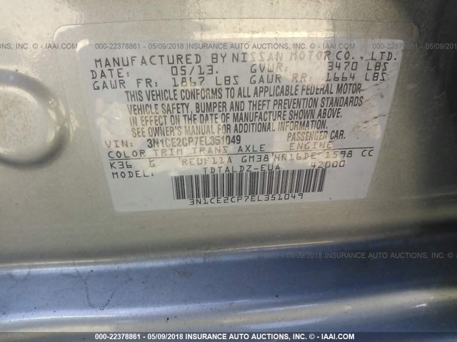 3N1CE2CP7EL351049 - 2014 NISSAN VERSA NOTE S/S PLUS/SV/SL GRAY photo 9