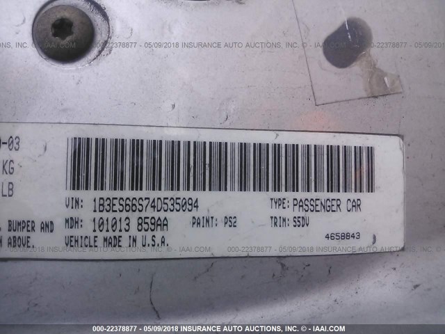 1B3ES66S74D535094 - 2004 DODGE NEON SRT-4 SILVER photo 9