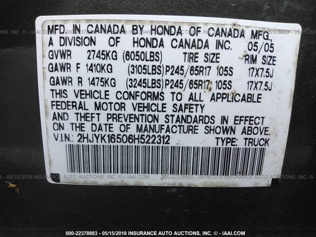 2HJYK16506H522312 - 2006 HONDA RIDGELINE RTL GREEN photo 9