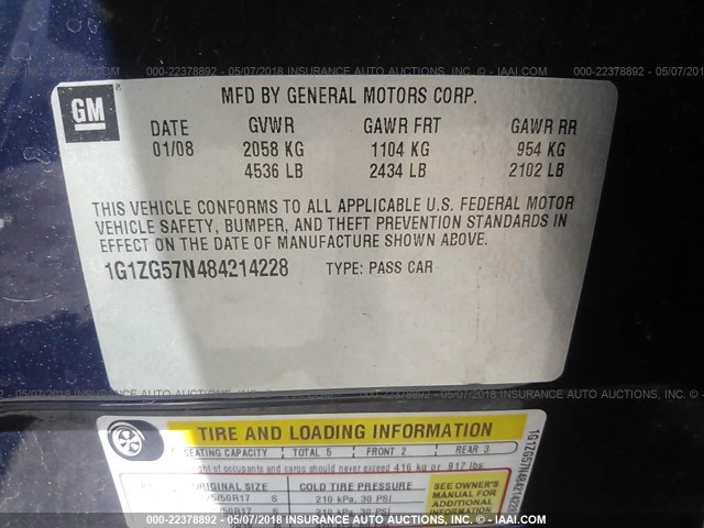 1G1ZG57N484214228 - 2008 CHEVROLET MALIBU LS 蓝色 照片 9