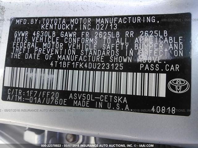 4T1BF1FK4DU223125 - 2013 TOYOTA CAMRY L/SE/LE/XLE SILVER photo 9