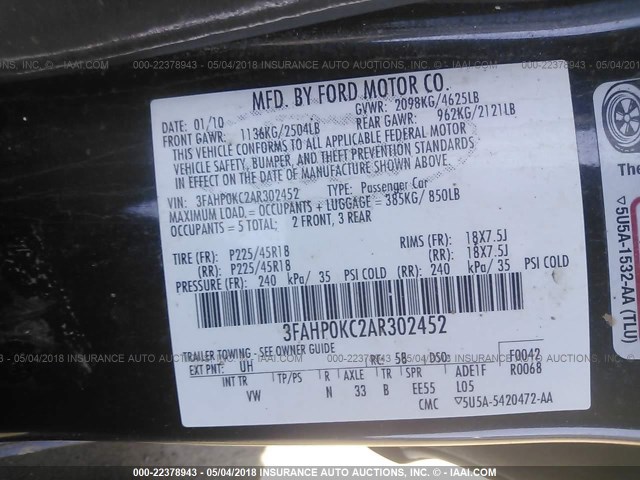 3FAHP0KC2AR302452 - 2010 FORD FUSION SPORT BLACK photo 9