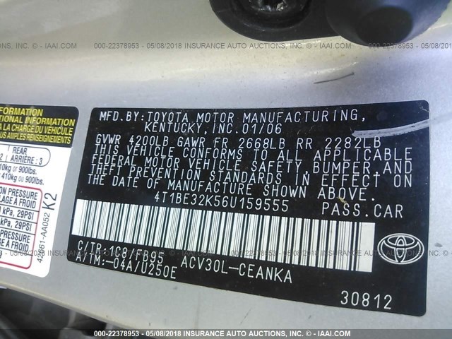 4T1BE32K56U159555 - 2006 TOYOTA CAMRY LE/XLE/SE ნაცრისფერი ფოტო 9