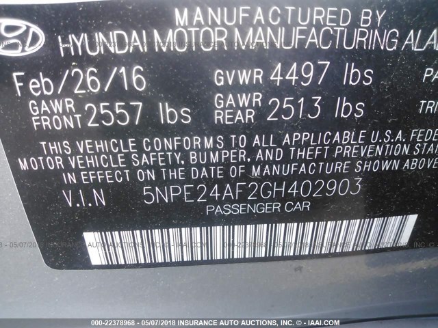 5NPE24AF2GH402903 - 2016 HYUNDAI SONATA SE BLUE photo 9