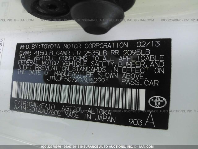 JTKJF5C72D3062991 - 2013 TOYOTA SCION TC 白色 照片 9