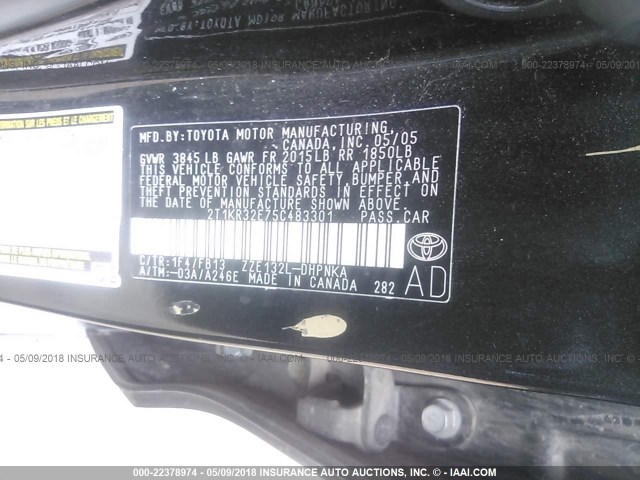 2T1KR32E75C483301 - 2005 TOYOTA COROLLA MATRIX XR BLACK photo 9