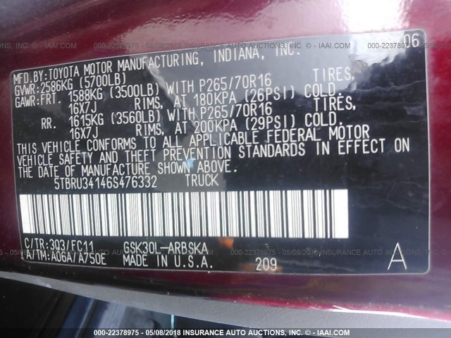 5TBRU34146S476332 - 2006 TOYOTA TUNDRA ACCESS CAB SR5 RED photo 9